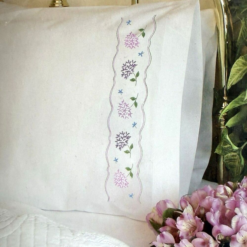 Stamped Cross Stitch Kit Set of 2 Pillowcases HYDRANGEAS Dimensions 73193 NEW
